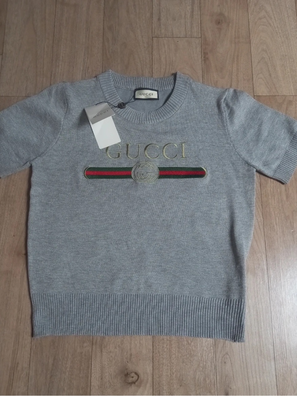Gucci Grey Knit Top with Gold Logo and Red-Green Web